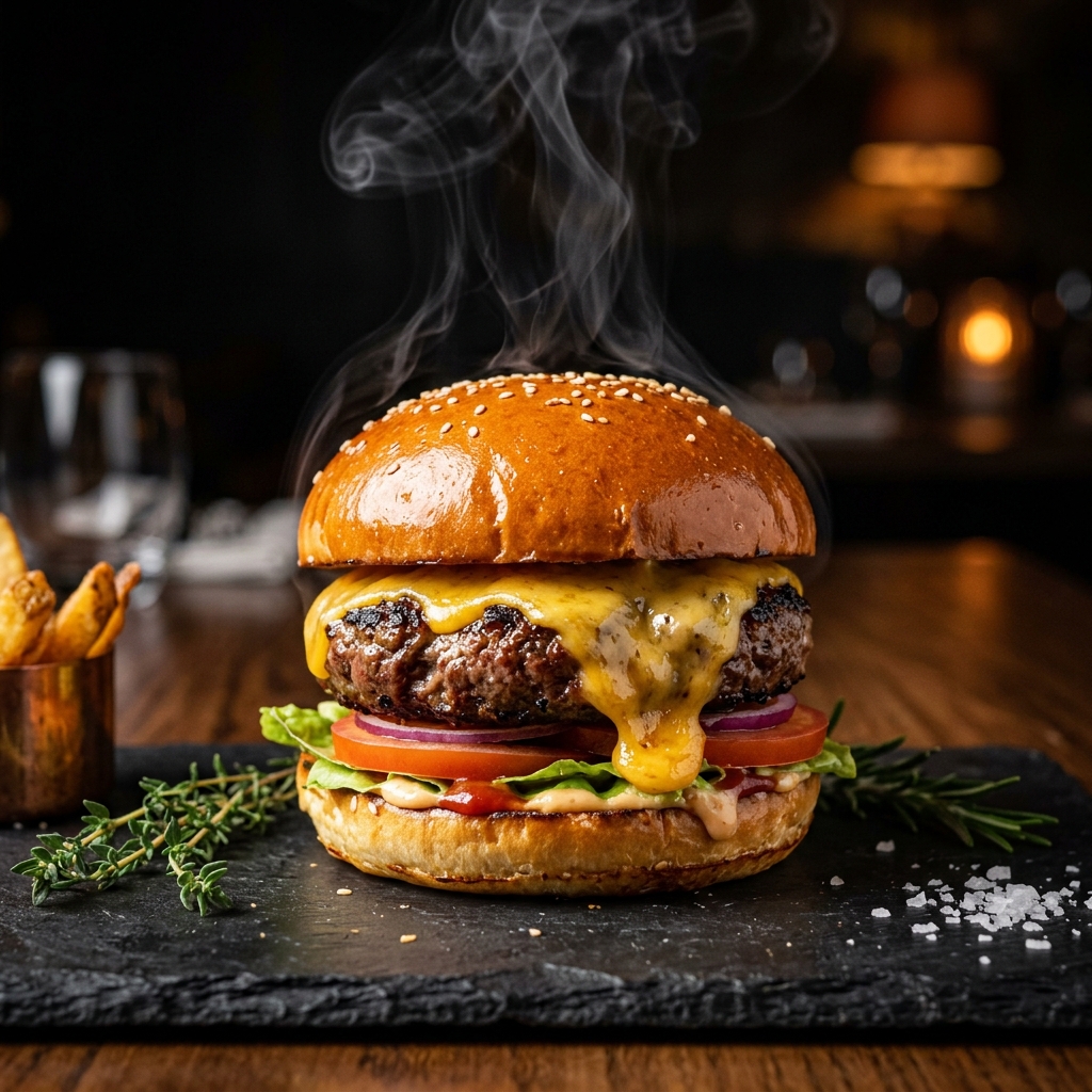 Hambúrguer artesanal suculento com queijo cheddar derretido
